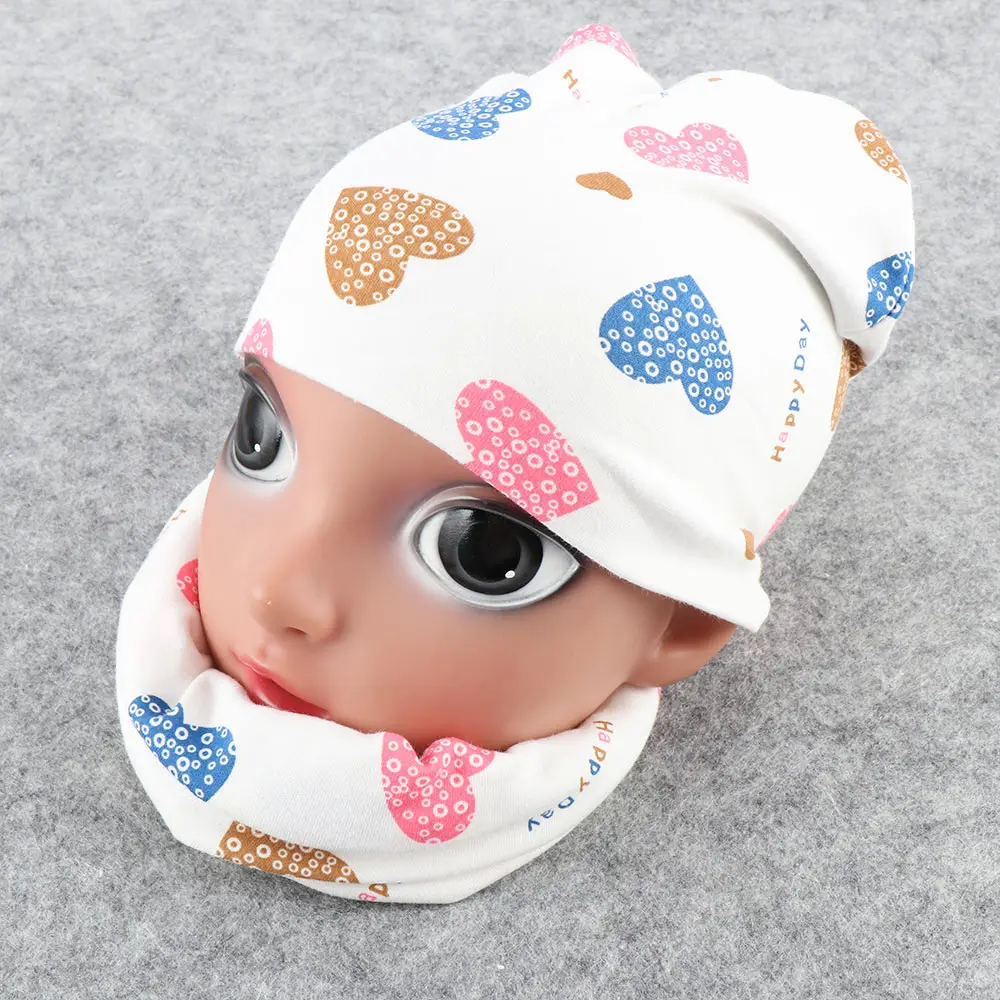 1 Set Cotton Baby Hat Infant Caps Scarf Beanies Love Heart Print Spring Autumn Warm scarf-collar Children Girls Ha | Детская одежда и