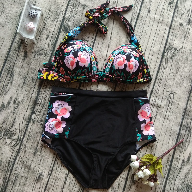 Бикини для женщин размера плюс с высокой талией 2018 цветочный принт купальный