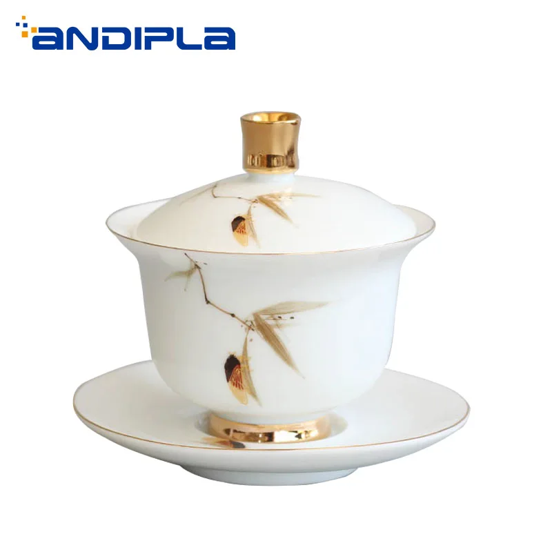 Керамическая фарфоровая чаша Цзиндэчжэнь ручной работы 130 мл золотисто белая с