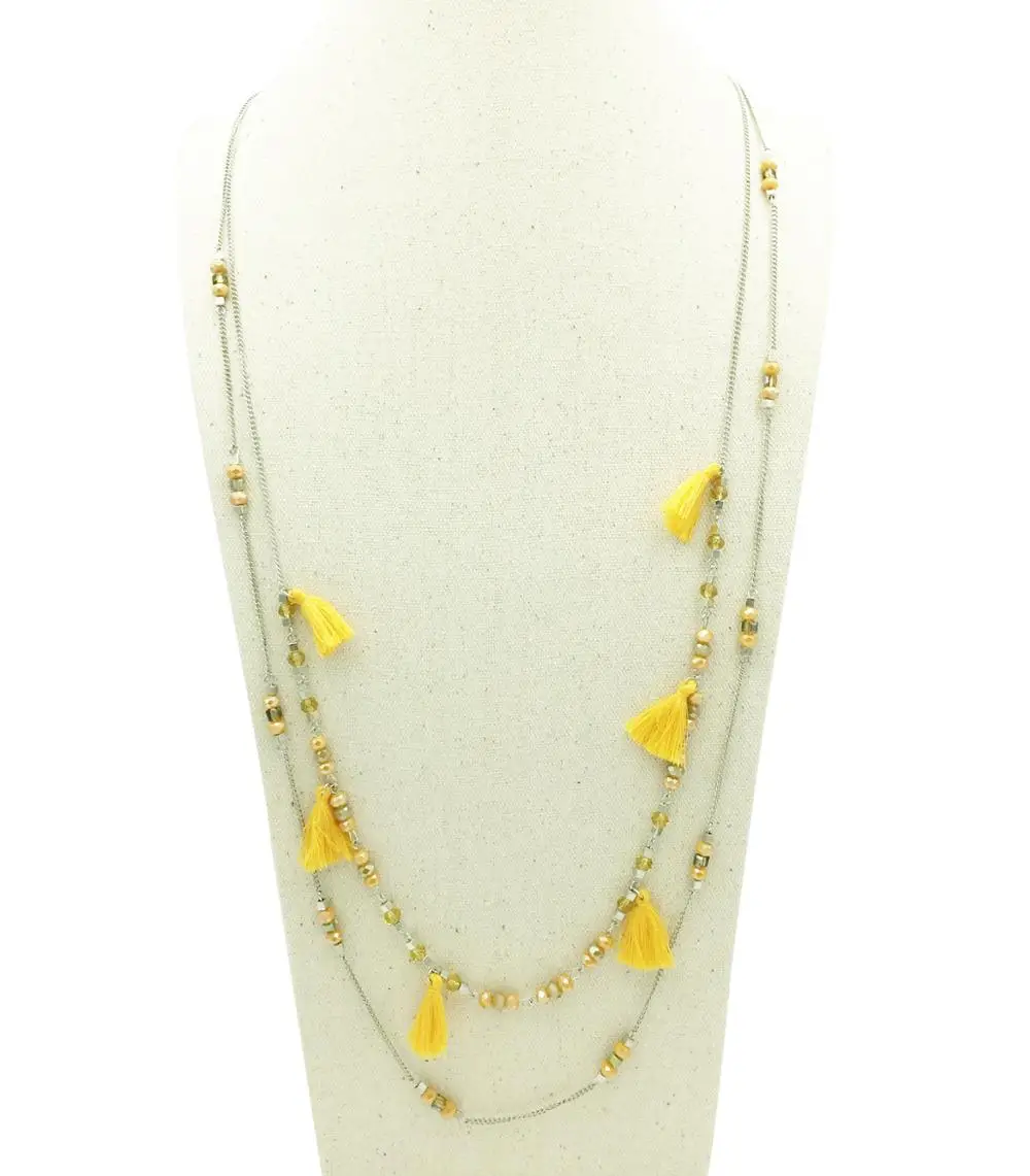 BOHO Double Layer Crystal Beads Chain Necklace Hand Made Tassel Pendant For Women Summer Jewelry Accessories | Украшения и