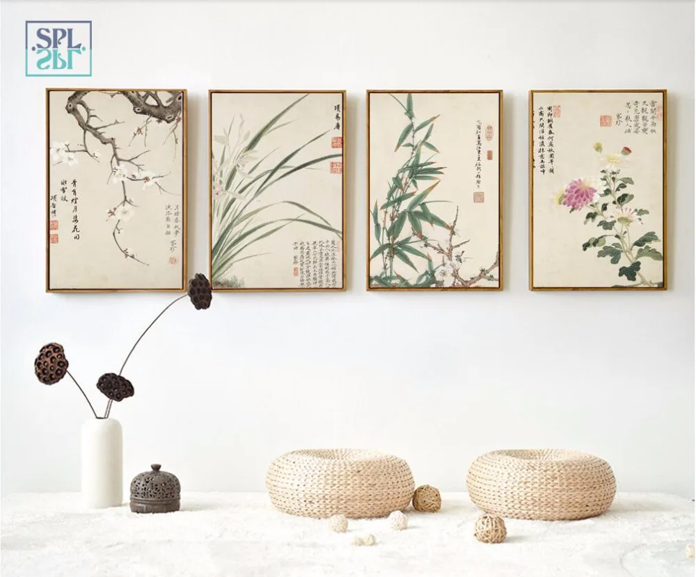 

SPLSPL Retro Style Chinese Ink Orchid Flower Picture Wall Art Canvas Print Painting and Poster for Living Room Decor No Frame