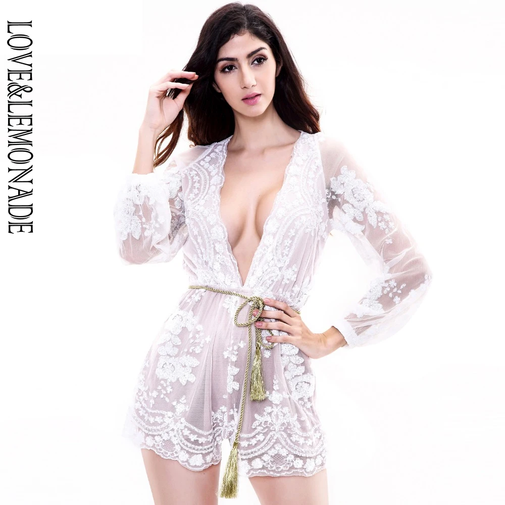 Love & Lemonade белые кружевные комбинезоны с v образным вырезом и поясом TB 8798|jumpsuit with