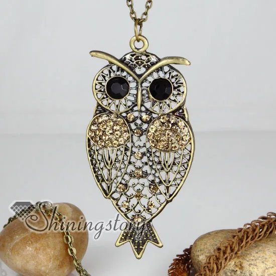 

Brass bronze copper and crystal rhinestone night owl pendant long chain necklaces for men and women unisex cheap china fashion