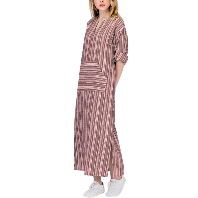 2020 Autumn Dress Women Striped Printing Elegant Bohemian Patchwork Long Elbise Sleeve V-neck Loose Vestido Ladies | Женская одежда