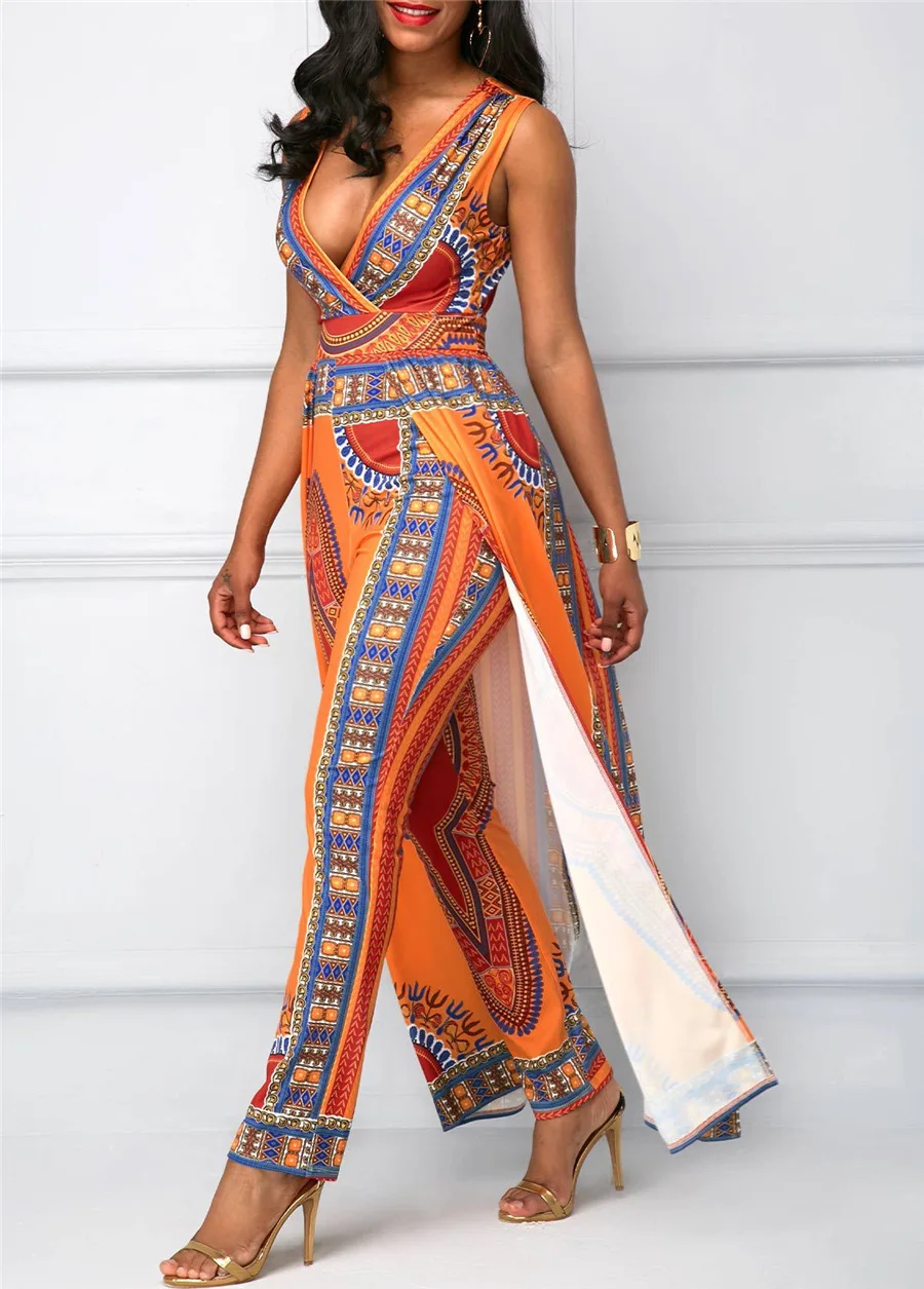 strapless bodysuit gold jump suits sexy costumes womans fashion clothes African v-neck printed sleeveless bandage jumpsuit | Тематическая