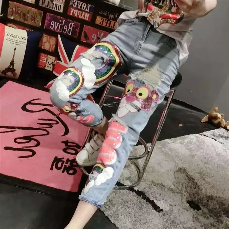 Новые летние модные милые джинсы с рисунком медведя из мультфильма женские