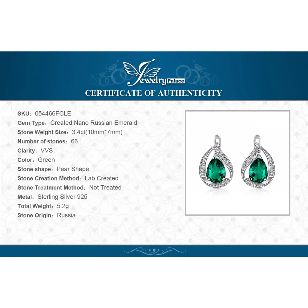 JewelryPalace Груша 3.7ct Создан Зеленый Nano России Изумрудный Клип На Серьги Твердые