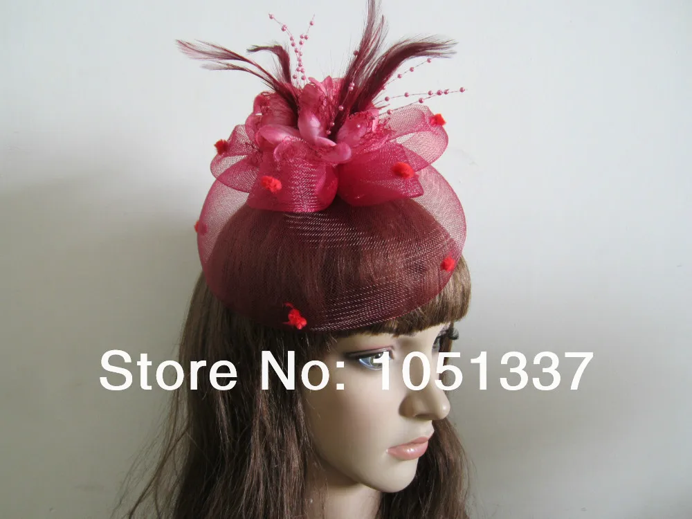 Потрясающие винно-красный бордовый перья чистая цветок волос чародей клип Fascinators