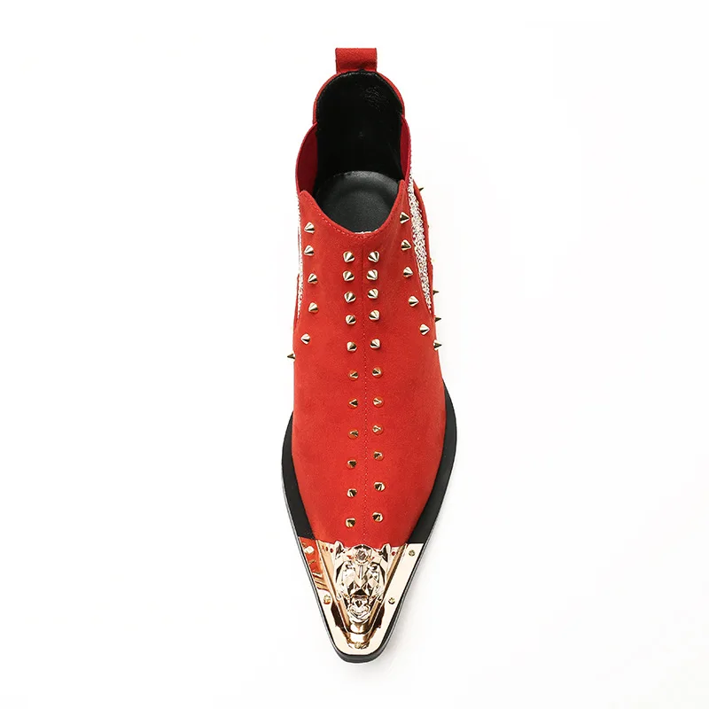 Rivet Punk Fashion Boots Luxury Designer Red Pointed Jeans Leather Ankle Chelsea Genuine Men's Rock Botas | Обувь