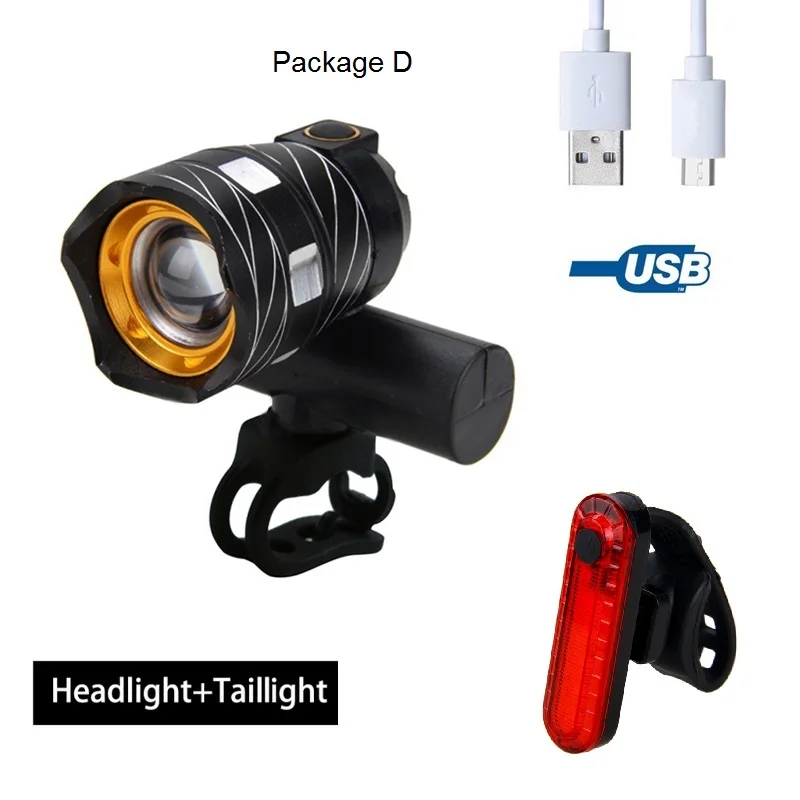 Package D USB Перезаряжаемые 15000LM XML T6 LED Велосипедные фары лампы фонарик велосипеда велосипедные аксессуары с USB линии - Цвет: Package D