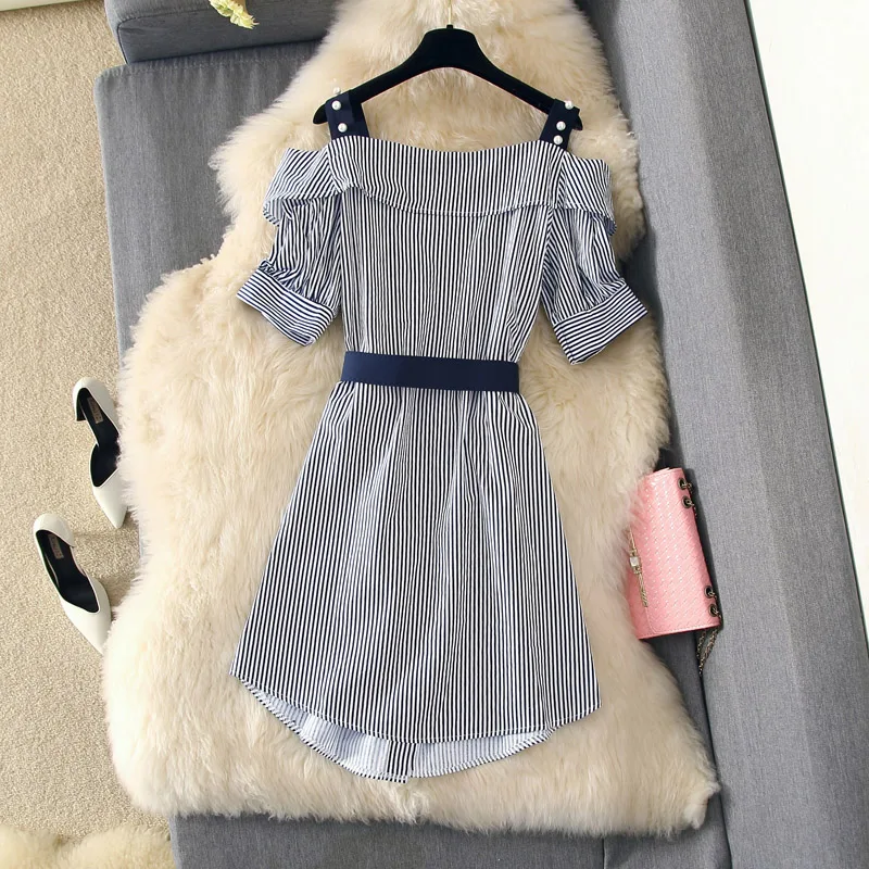 Женское платье с поясом Amolapha однобортное рубашка открытыми плечами и бусинами на