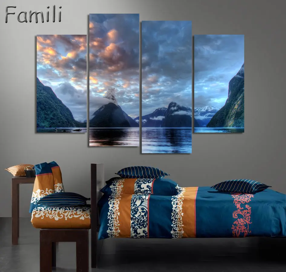 4 шт./компл. настенная живопись Новая Зеландия голубое водное озеро горные