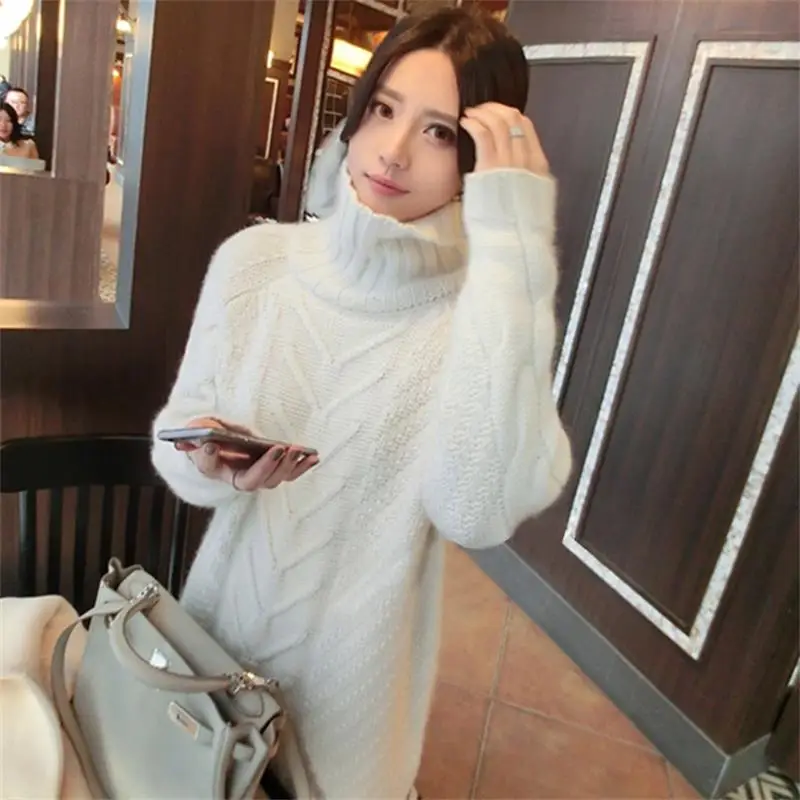 white GejasAinyu2018Autumn Winter The New Women's high collar Sweater Cashmere sweater Long loose Pullover knitting Twist Solid color - Цвет: white