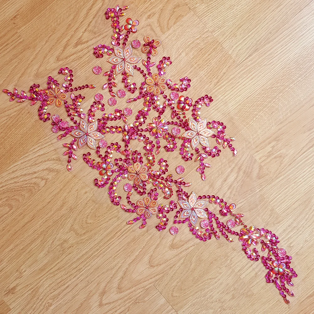 

Noble Beaded Crystal Rose Red AB Sew on RhinestonesBeads Applique Patches Sewing for DIY Wedding Dress Trim 30x60cm (Pink)