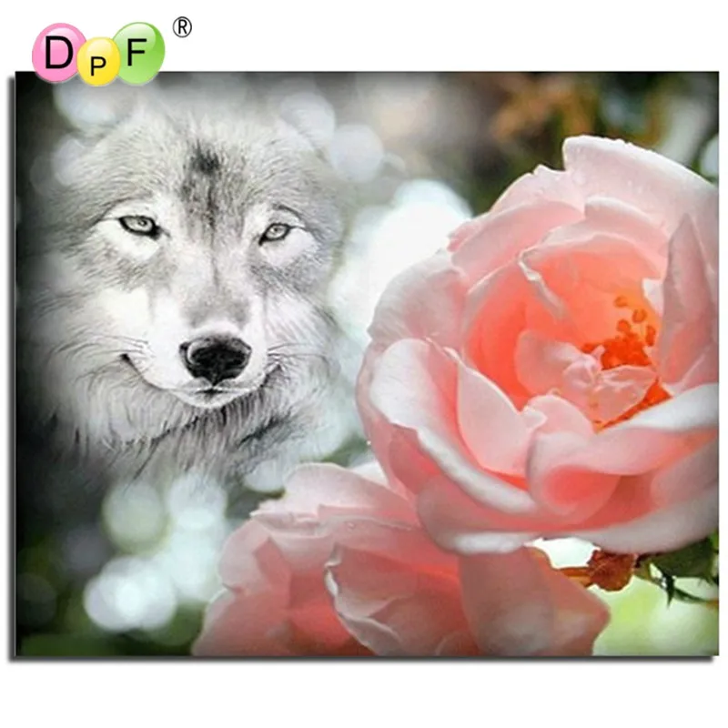 Новый DIY Алмазная вышивка крестиком на рисунке белым волком и пион мозаичная