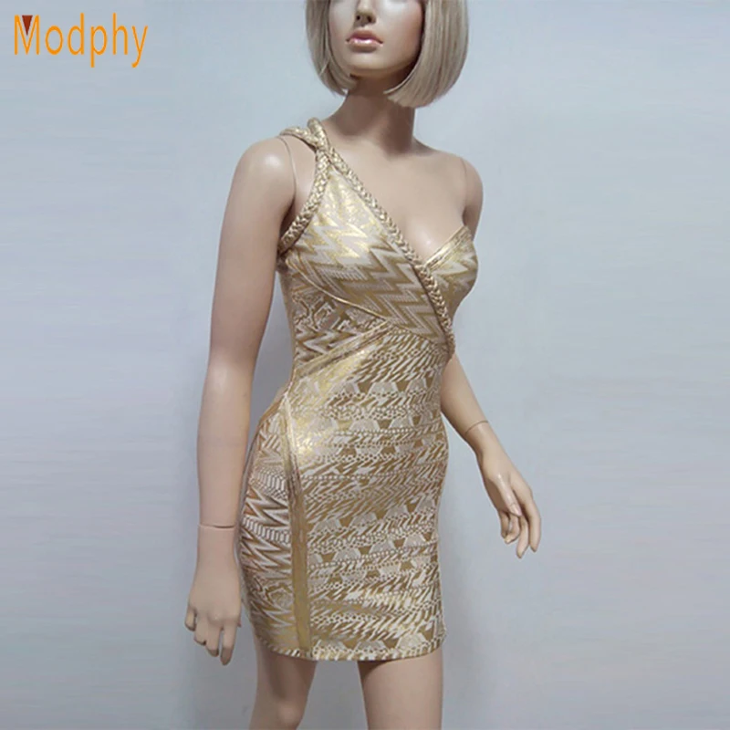 Новинка 2018 женское Бандажное платье на одно плечо с золотой фольгой сексуальное