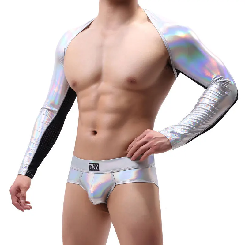 Man Shoulder Tops Shinny PU Leather Sexy Patchwork Crop Top Long Sleeve Men Harness Bodybuilding Stage Costume Gay Exotic Tanks - Цвет: Silver top only