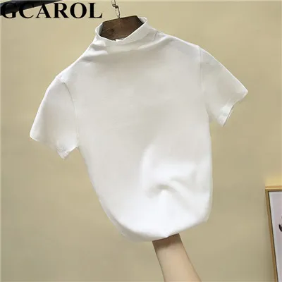 GCAROL, весенне-Летняя короткая футболка со стоячим воротником, облегающая эластичная черно-белая Базовая Идеальная футболка, верхняя одежда без подкладки - Цвет: White