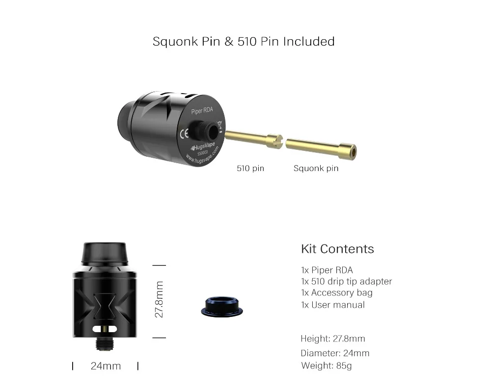 Hugsvape Piper RDA двойная Вертикальная катушка 510 pin & Squonk vape атомайзер для электронной