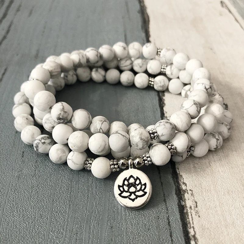 Матовые бусины Howlite Mala 8 мм 108 бусин браслет с цветком лотоса или ожерелье четки