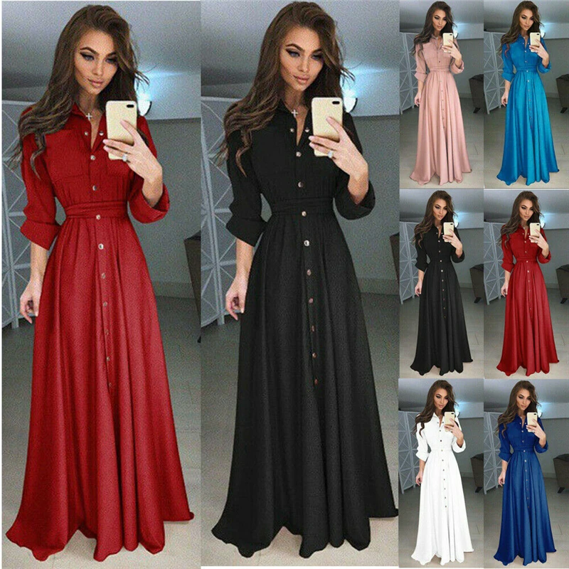 2019 New Fashion Women Long Sleeve Boho Button Dowm Maxi Dress Evening Party Summer Casual Loose Shirt | Женская одежда
