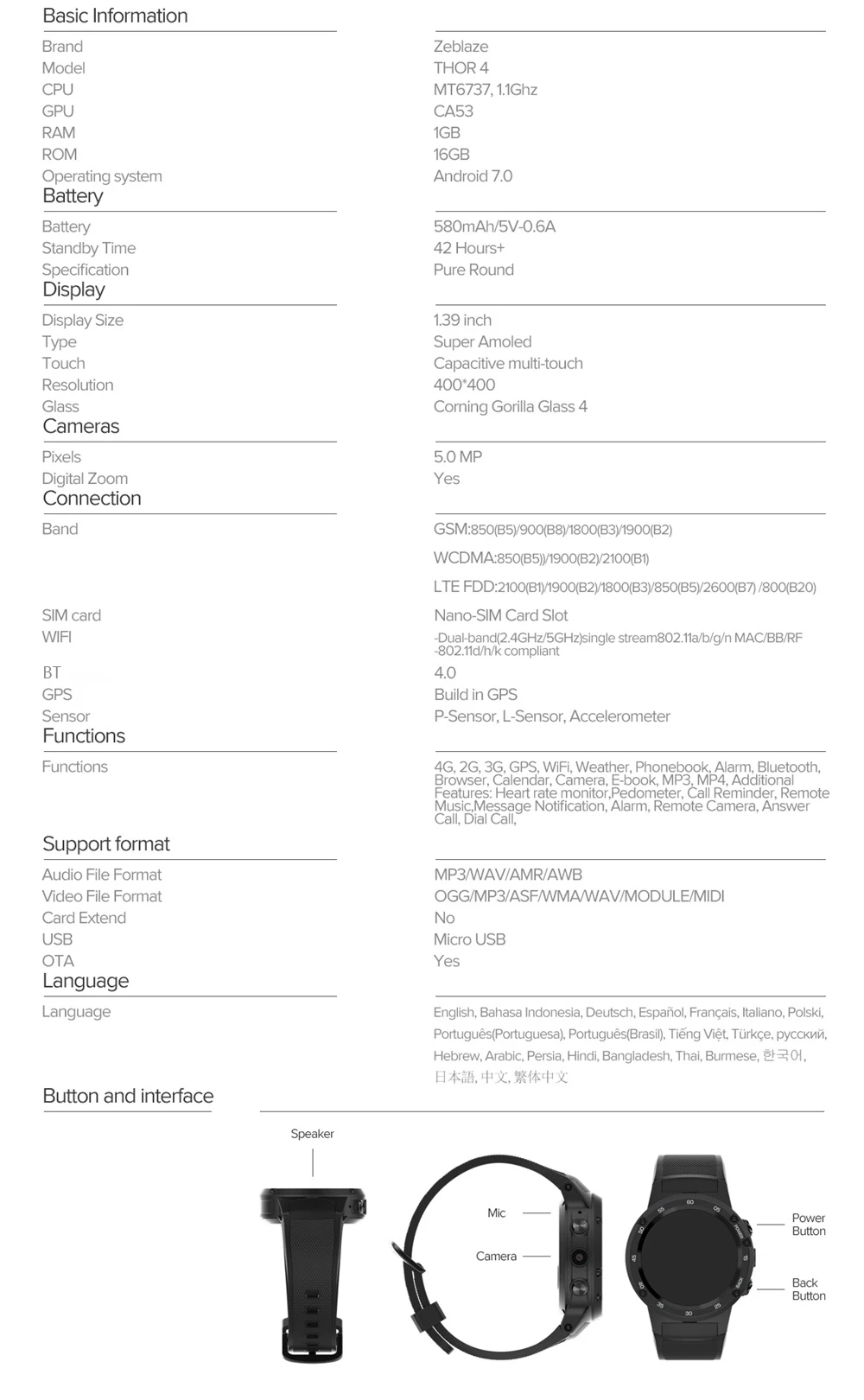 Смарт-часы Zeblaze THOR 4 4G с gps треком, Android 7,0, 1 Гб+ 16 ГБ, камера 5 Мп, 580 мА/ч, 4G/3G/2G, умные часы для звонков, телефон для PK, Xiaomi, мужчин