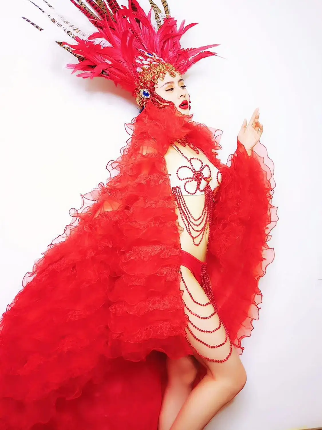 Женский Длинный плащ бикини украшение для волос с красными перьями| |