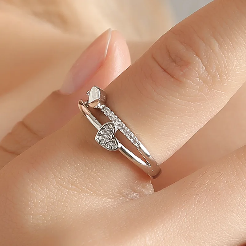 1pcs Wholesale Lots Bulk Korean Alloy Double Heart CZ Gold Silver Color Adjustable Band Rings for Women Finger Jewelry | Украшения и