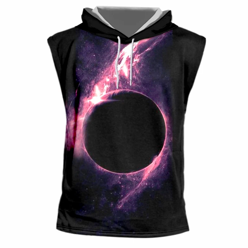 Мужская майка с капюшоном UJWI черная кофта 3D принтом Вселенная без рукавов худи в