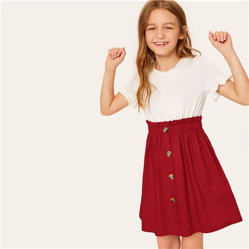 SHEIN/детское Повседневное платье для девочек с двумя пуговицами и рюшами спереди; коллекция года; летнее короткое расклешенное платье с рукавами-воланами и цветными блоками - Цвет: Multicolor