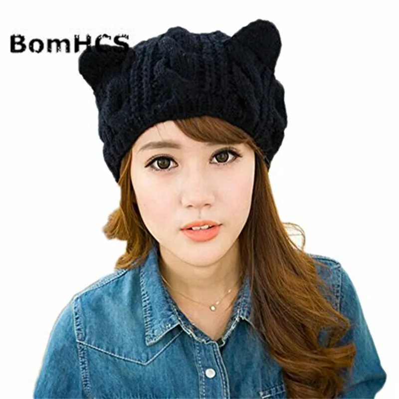 Милая женская зимняя теплая шапка BomHCS с кошачьими ушками вязаная крючком