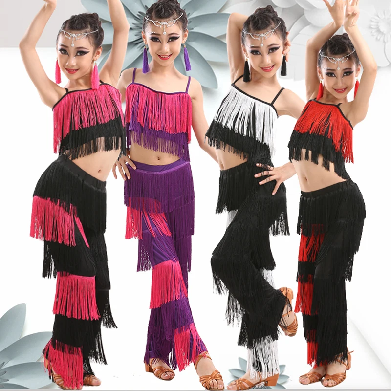 Детская одежда для латиноамериканских танцев девочек топ с бахромой и брюки