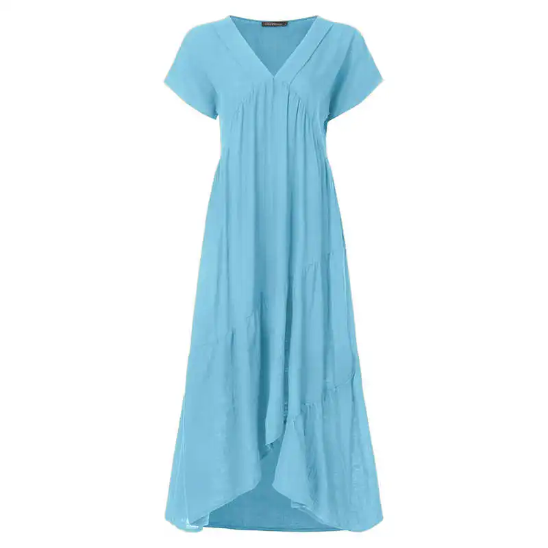 Light Blue Модная туника Макси платье женский летний сарафан ZANZEA сексуальный v-образный вырез Асимметричный Vestidos женский размера плюс халат с оборками - Цвет: Light Blue