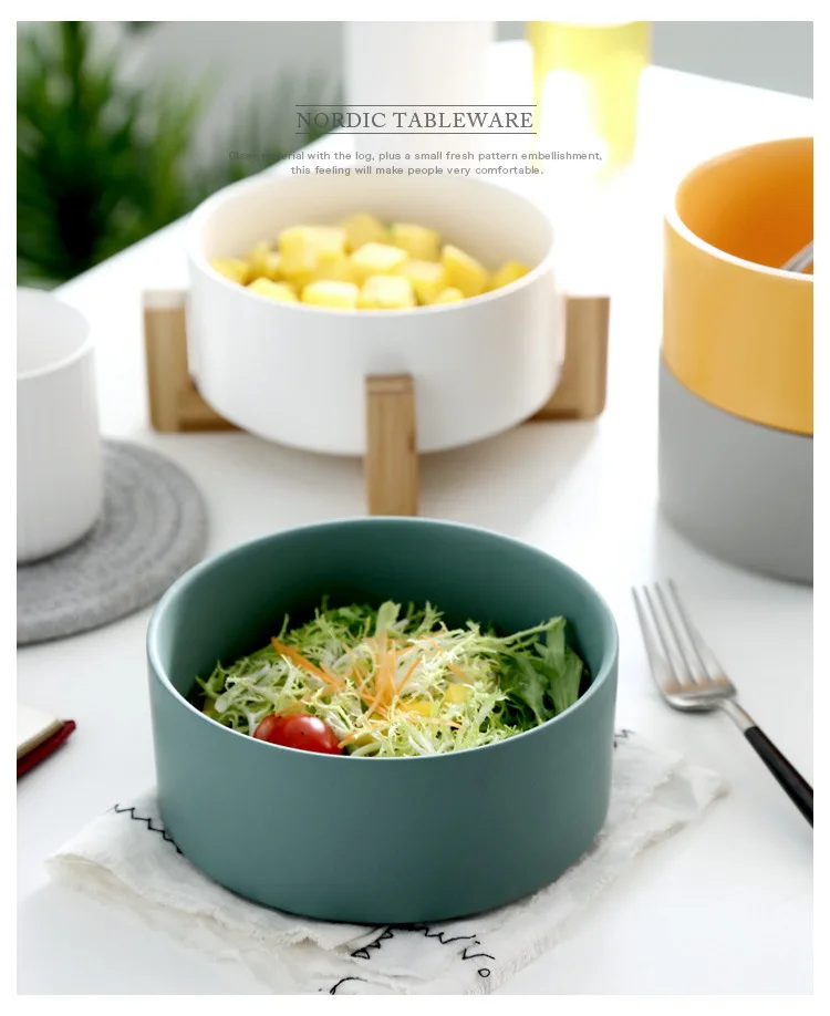 

1PC Nordic Creative Home Ceramic Pigmented Salad Bowl with Bamboo Shelf Western Style Fruit Dessert Bowl Microwave Oven OK 0886