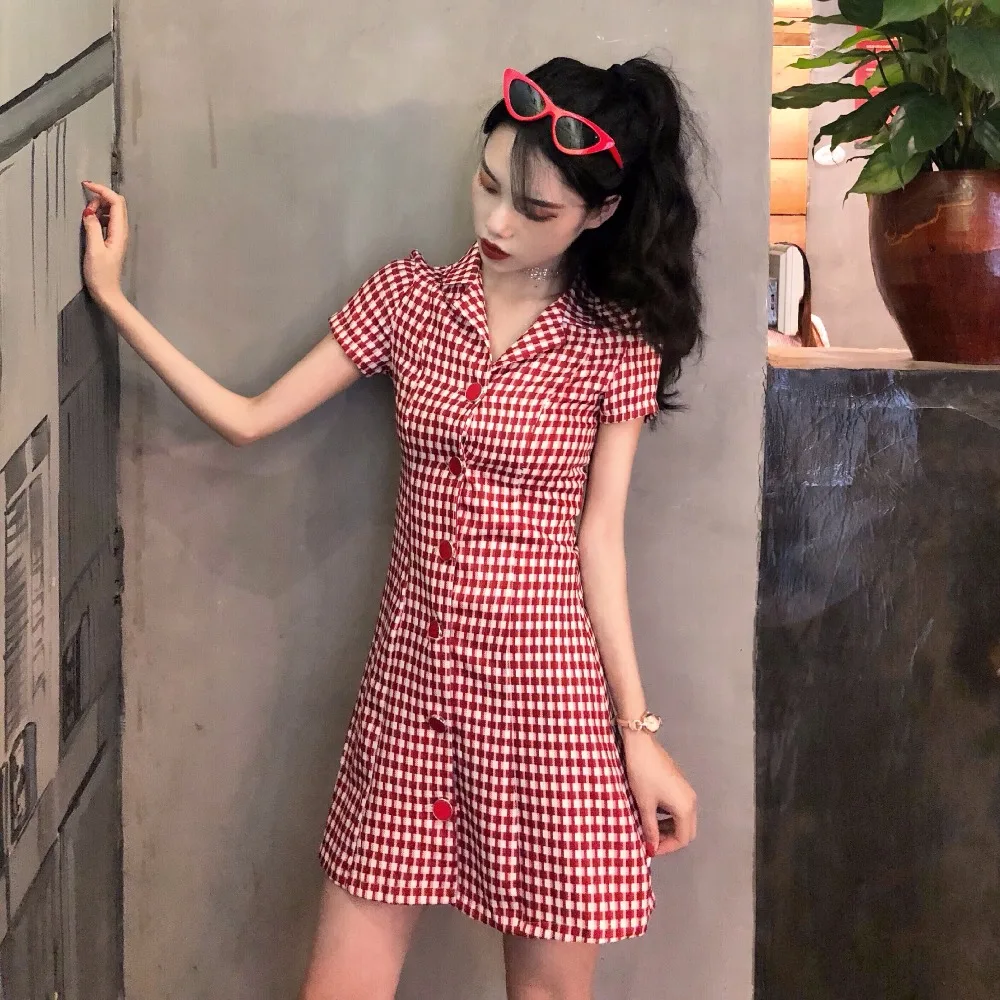 New Women Harajuku Vintage Turn-Down Collar Short Sleeve Single-Breasted Red/Black Plaided Dress Sexy Party Slim Dresses Vestido | Женская