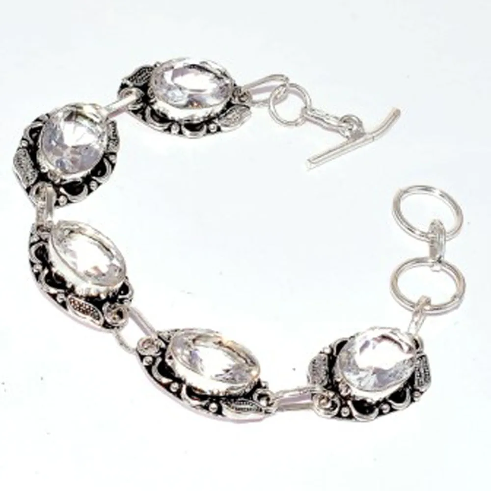 

White Topas Bracelet Silver Overlay over Copper, 20.5cm , B2942