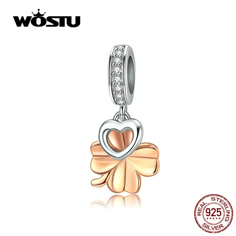 WOSTU розовое золото четыре листа сердце болтается шарм Стерлинговое Серебро 925