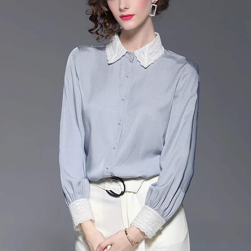 Elegant Blue-gray Lace Patchwork Pure Color Ladies Blouse Long-sleeved Temperament Women Chiffon C605 | Женская одежда