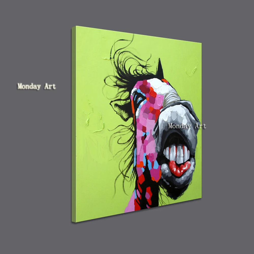 

Handmade Modern Abstract Crazy Horse Portrait Painting Green Background Pure Hand-painted Unique Gift Oil Painting on Canvas