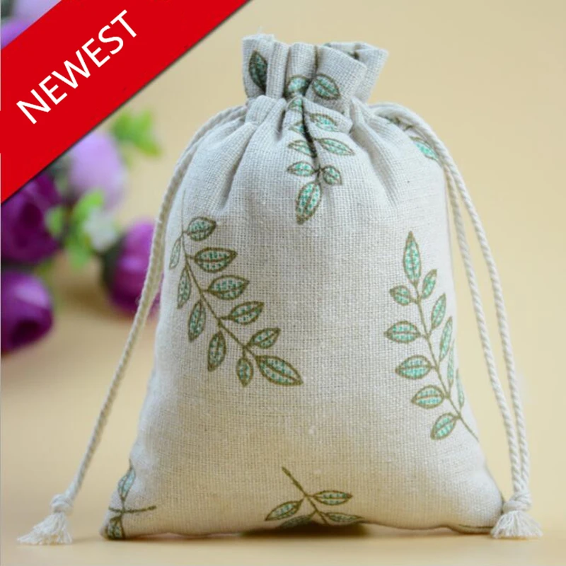 

100pcs/lot 10*13/13*17Cm Drawstring cotton bags Gift Candy Beads Bags with green leaf Wedding Decor
