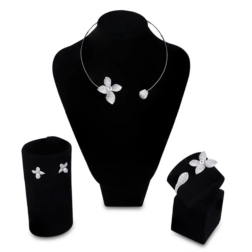 

New Women Bridal Jewelry Sets rhodium plated with Cubic zircon 4pcs sets ( necklace + bracelet + earrings + ring) free shipment