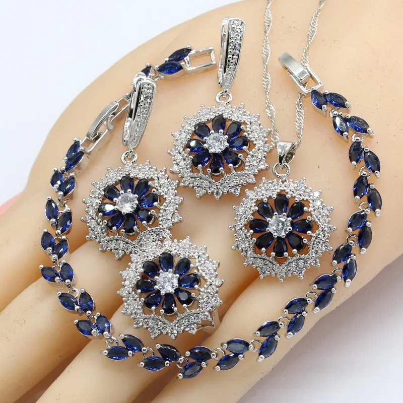 

Silver Color Jewelry Sets Women Dark Blue Stones Necklace Pendant Bracelets Earrings Rings Birthday Gift