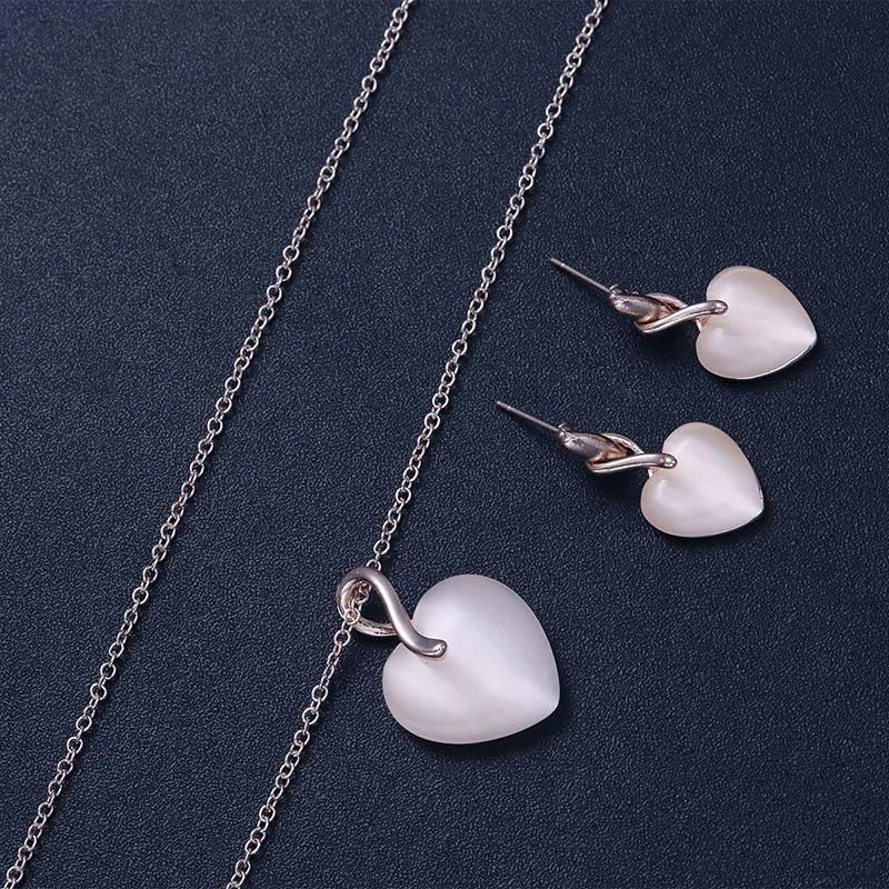 Elegant Rose Color Jewelry Set For Women Trendy Heart Love Pendant Necklace Dangle Drop Earrings Sets Wedding Party Gift | Украшения и