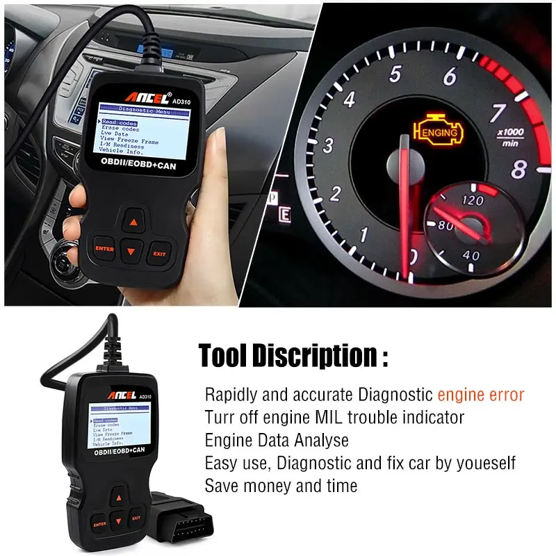Автомобильный сканер ANCEL AD310 OBD2 считыватель кодов двигателя ЖК-дисплей