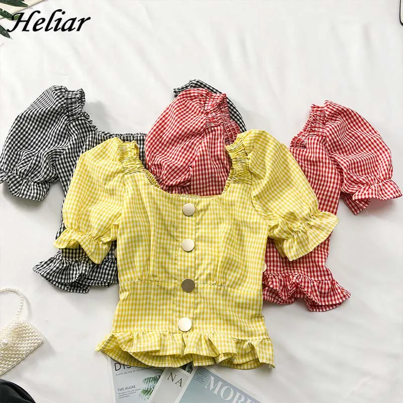 Блузка женская клетчатая на пуговицах с коротким рукавом | Женская одежда