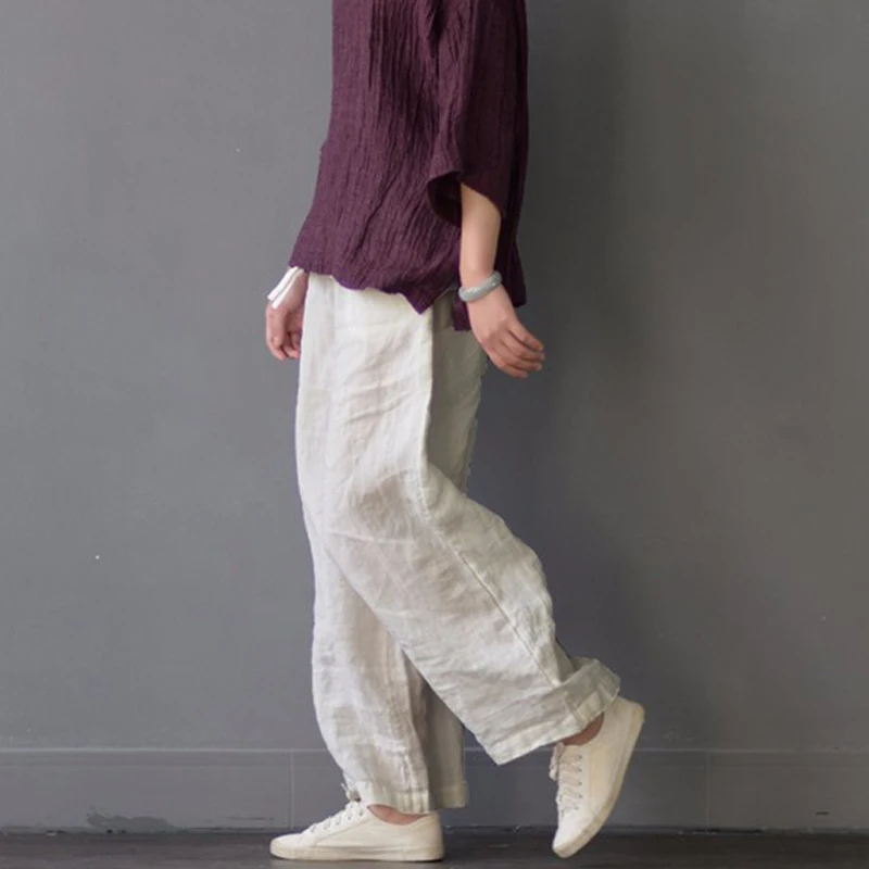 Pantalon Femme 2019 Для женщин Штаны Лен брюки эластичный пояс свободные Повседневное пот