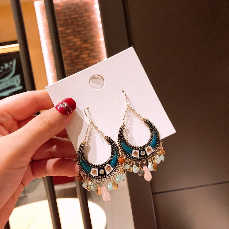 Big bohemian indian ethnic dangle earrings blue long tassle boho vintage for women large oversize jewelry gift party | Украшения и