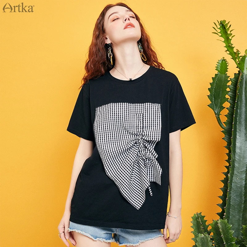 ARTKA, летняя женская футболка, повседневная, модная, в клетку, с завязками, с круглым вырезом, с коротким рукавом, черная футболка для женщин, TA15293X