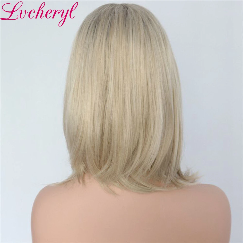 Lvcheryl Омбре коричневые корни пепельный блонд короткий Боб ручная вязка Полная плотность высокая температура волокна волос Синтетические Кружева передние парики