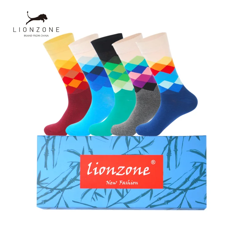 5 пар носки мужские с уклоном из чесаного хлопка ромбовидным узором красочные